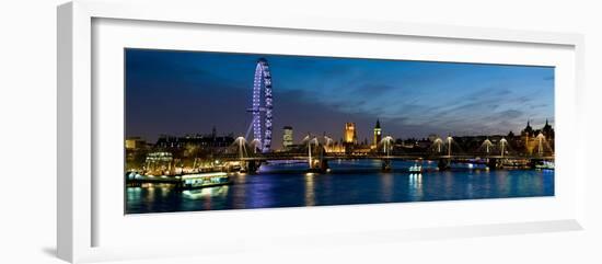 London Eye and Central London Skyline at Dusk, South Bank, Thames River, London, England--Framed Photographic Print