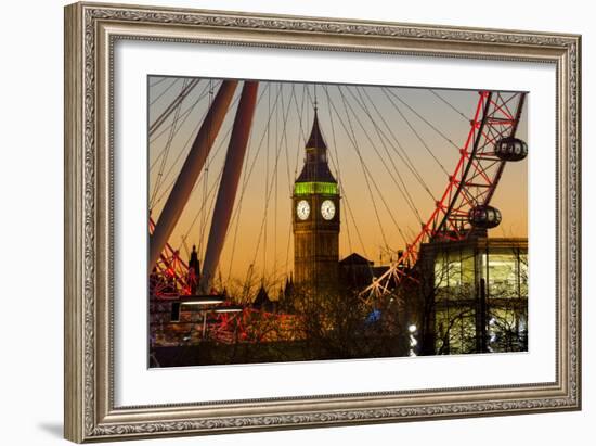 London Eye (Millennium Wheel) frames Big Ben at sunset, London, England, United Kingdom, Europe-Charles Bowman-Framed Photographic Print