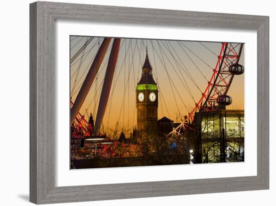 London Eye (Millennium Wheel) frames Big Ben at sunset, London, England, United Kingdom, Europe-Charles Bowman-Framed Photographic Print