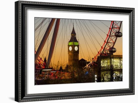 London Eye (Millennium Wheel) frames Big Ben at sunset, London, England, United Kingdom, Europe-Charles Bowman-Framed Photographic Print