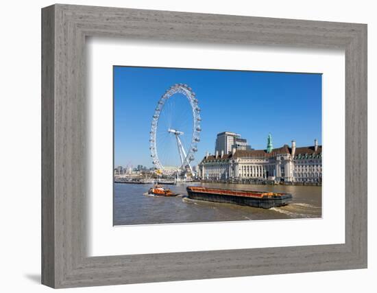 London Eye, tug boat and barge, River Thames, London, England, United Kingdom, Europe-John Guidi-Framed Photographic Print