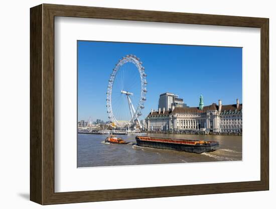 London Eye, tug boat and barge, River Thames, London, England, United Kingdom, Europe-John Guidi-Framed Photographic Print