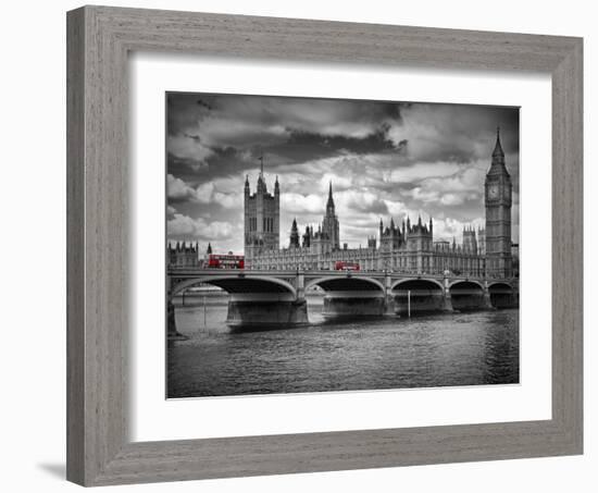 London Houses Of Parliament & Red Busses-Melanie Viola-Framed Art Print