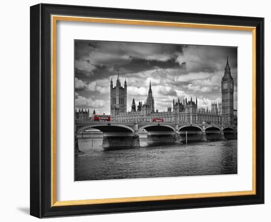 London Houses Of Parliament & Red Busses-Melanie Viola-Framed Art Print