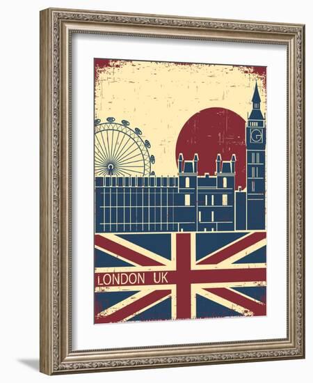 London Landmark.Vintage Background With England Flag On Old Poster-GeraKTV-Framed Art Print