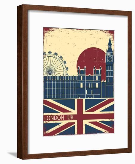 London Landmark.Vintage Background With England Flag On Old Poster-GeraKTV-Framed Art Print