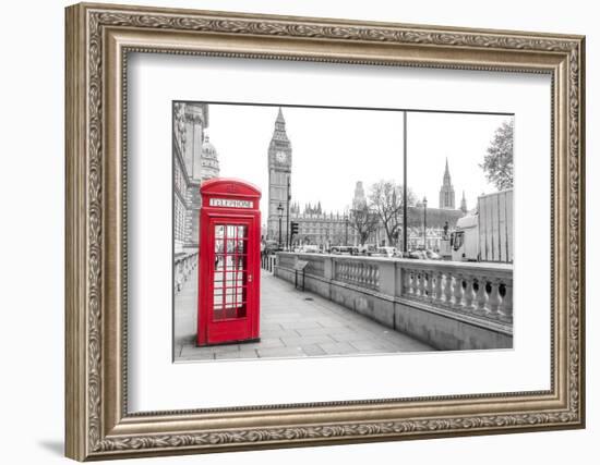 London Red Phone Box and Big Ben on Black and White Landscape-David Bostock-Framed Photographic Print