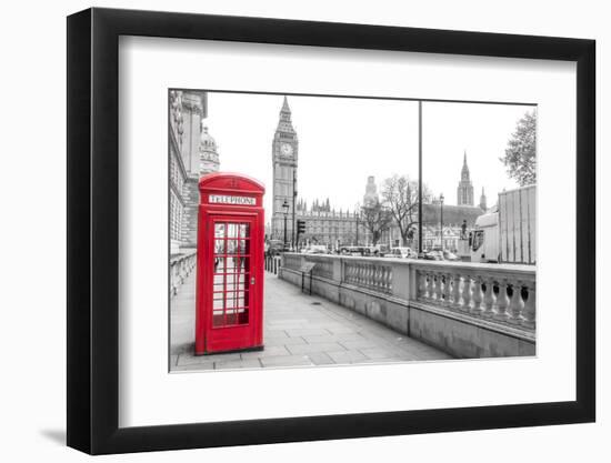 London Red Phone Box and Big Ben on Black and White Landscape-David Bostock-Framed Photographic Print