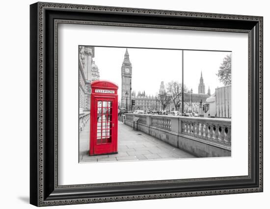 London Red Phone Box and Big Ben on Black and White Landscape-David Bostock-Framed Photographic Print