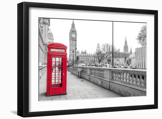 London Red Phone Box and Big Ben on Black and White Landscape-David Bostock-Framed Photographic Print