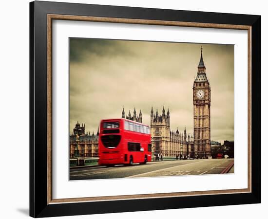London, the Uk. Red Bus in Motion and Big Ben, the Palace of Westminster. the Icons of England in V-Michal Bednarek-Framed Photographic Print