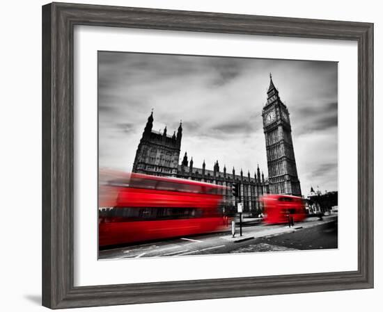 London, the Uk. Red Buses in Motion and Big Ben, the Palace of Westminster. the Icons of England In-Michal Bednarek-Framed Photographic Print