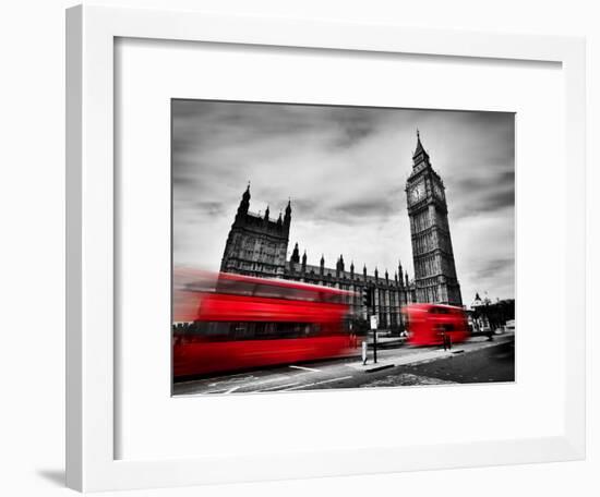 London, the Uk. Red Buses in Motion and Big Ben, the Palace of Westminster. the Icons of England In-Michal Bednarek-Framed Photographic Print