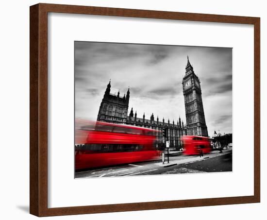 London, the Uk. Red Buses in Motion and Big Ben, the Palace of Westminster. the Icons of England In-Michal Bednarek-Framed Photographic Print