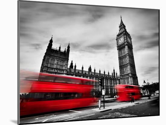 London, the Uk. Red Buses in Motion and Big Ben, the Palace of Westminster. the Icons of England In-Michal Bednarek-Mounted Photographic Print