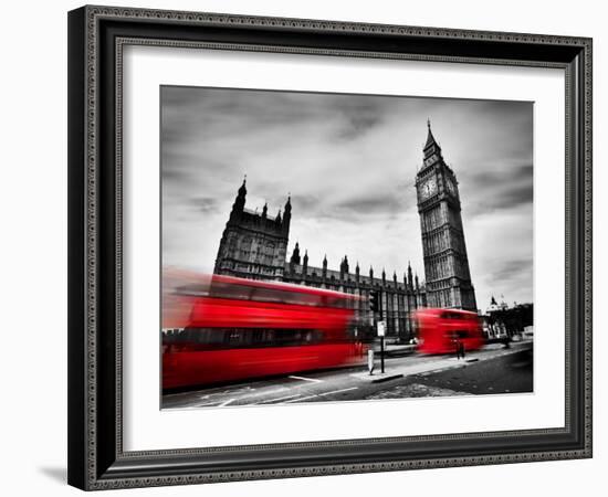 London, the Uk. Red Buses in Motion and Big Ben, the Palace of Westminster. the Icons of England In-Michal Bednarek-Framed Photographic Print