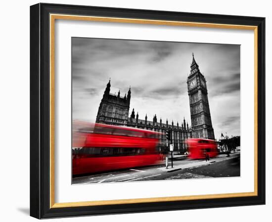 London, the Uk. Red Buses in Motion and Big Ben, the Palace of Westminster. the Icons of England In-Michal Bednarek-Framed Photographic Print