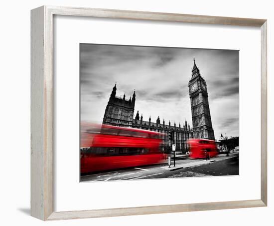 London, the Uk. Red Buses in Motion and Big Ben, the Palace of Westminster. the Icons of England In-Michal Bednarek-Framed Photographic Print