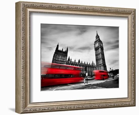 London, the Uk. Red Buses in Motion and Big Ben, the Palace of Westminster. the Icons of England In-Michal Bednarek-Framed Photographic Print