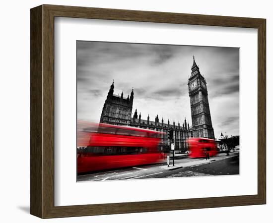 London, the Uk. Red Buses in Motion and Big Ben, the Palace of Westminster. the Icons of England In-Michal Bednarek-Framed Photographic Print