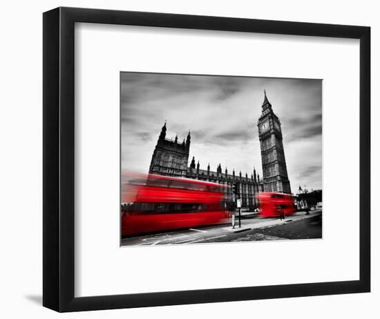 London, the Uk. Red Buses in Motion and Big Ben, the Palace of Westminster. the Icons of England In-Michal Bednarek-Framed Photographic Print