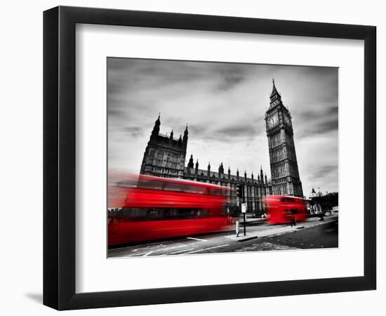 London, the Uk. Red Buses in Motion and Big Ben, the Palace of Westminster. the Icons of England In-Michal Bednarek-Framed Photographic Print