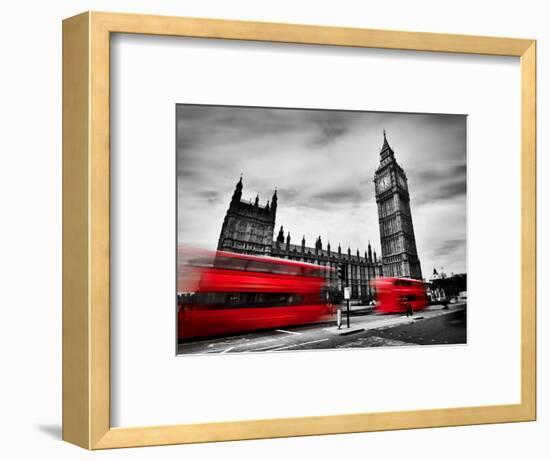 London, the Uk. Red Buses in Motion and Big Ben, the Palace of Westminster. the Icons of England In-Michal Bednarek-Framed Photographic Print