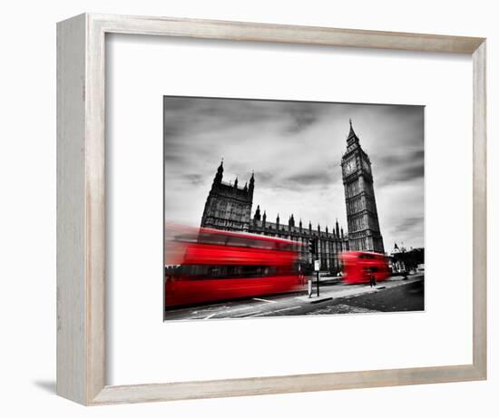 London, the Uk. Red Buses in Motion and Big Ben, the Palace of Westminster. the Icons of England In-Michal Bednarek-Framed Photographic Print