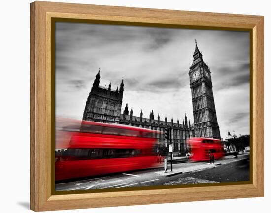 London, the Uk. Red Buses in Motion and Big Ben, the Palace of Westminster. the Icons of England In-Michal Bednarek-Framed Premier Image Canvas