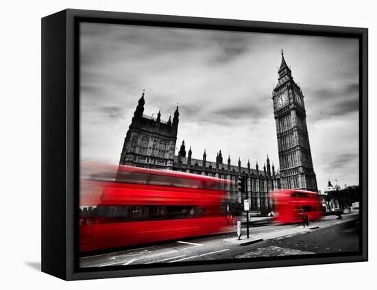 London, the Uk. Red Buses in Motion and Big Ben, the Palace of Westminster. the Icons of England In-Michal Bednarek-Framed Premier Image Canvas