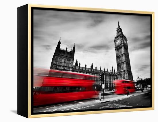 London, the Uk. Red Buses in Motion and Big Ben, the Palace of Westminster. the Icons of England In-Michal Bednarek-Framed Premier Image Canvas