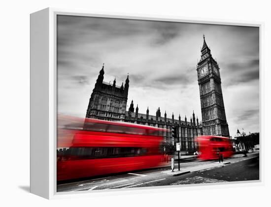 London, the Uk. Red Buses in Motion and Big Ben, the Palace of Westminster. the Icons of England In-Michal Bednarek-Framed Premier Image Canvas