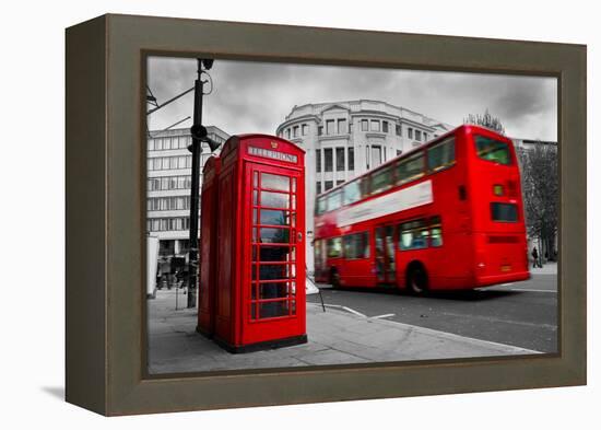 London, the Uk. Red Phone Booth and Red Bus in Motion. English Icons-Michal Bednarek-Framed Premier Image Canvas