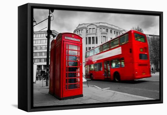 London, the Uk. Red Phone Booth and Red Bus in Motion. English Icons-Michal Bednarek-Framed Premier Image Canvas