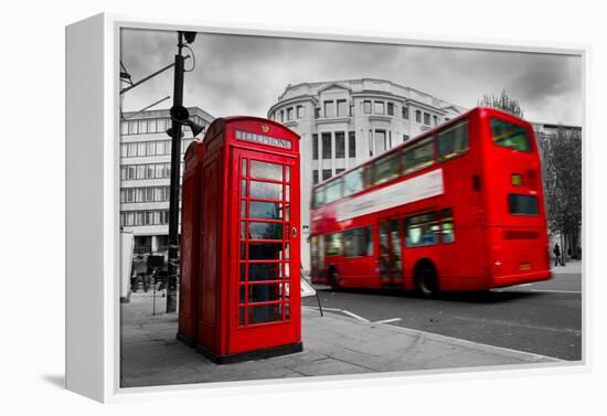 London, the Uk. Red Phone Booth and Red Bus in Motion. English Icons-Michal Bednarek-Framed Premier Image Canvas