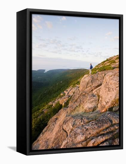 Lone hiker near the summit of Cadillac Mountain, Acadia National Park, Maine, USA-Jerry & Marcy Monkman-Framed Premier Image Canvas