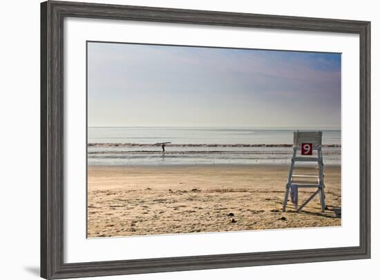 Lone Surfer on Newport Beach Rhode Island-null-Framed Photo