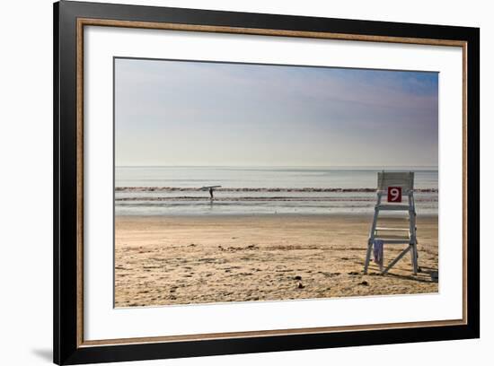 Lone Surfer on Newport Beach Rhode Island-null-Framed Photo