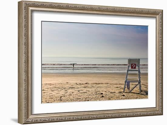 Lone Surfer on Newport Beach Rhode Island-null-Framed Photo