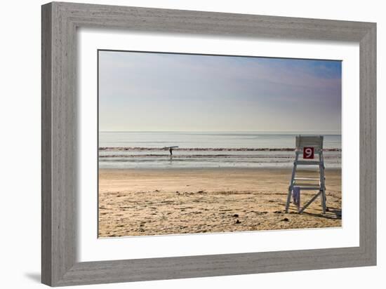 Lone Surfer on Newport Beach Rhode Island-null-Framed Photo