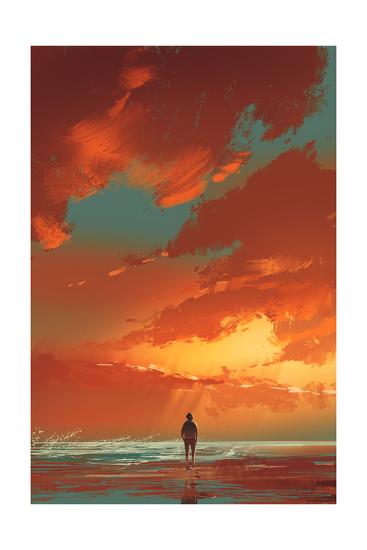 Lonely Man Standing On The Sea Under Sunset Sky Illustration