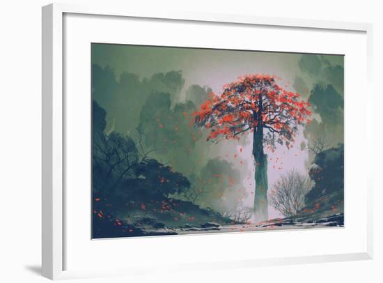 Lonely Red Autumn Tree with falling Leaves in Winter Forest,Landscape Painting-Tithi Luadthong-Framed Art Print