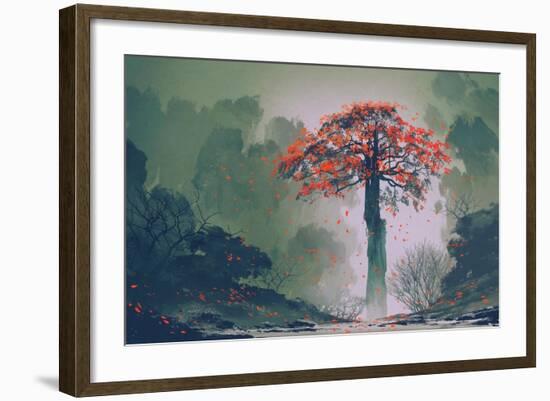 Lonely Red Autumn Tree with falling Leaves in Winter Forest,Landscape Painting-Tithi Luadthong-Framed Art Print