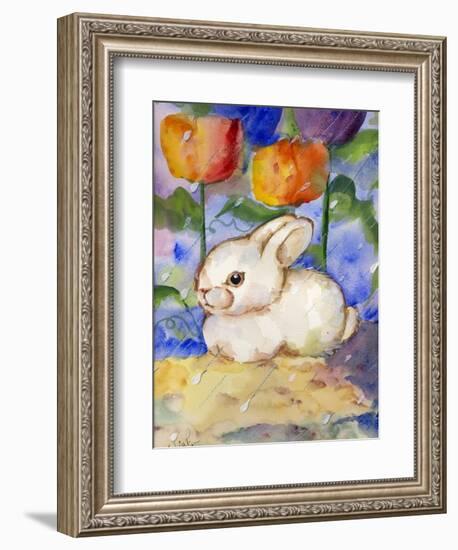 Lonely WHite Bunny Rabbit in the Tulips & Rain-sylvia pimental-Framed Art Print