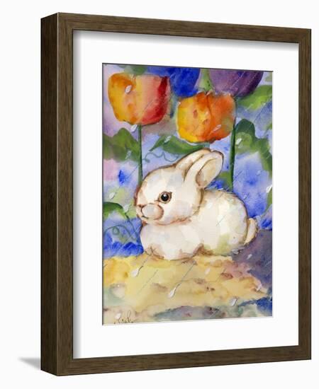 Lonely WHite Bunny Rabbit in the Tulips & Rain-sylvia pimental-Framed Art Print