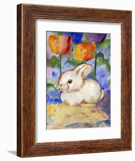 Lonely WHite Bunny Rabbit in the Tulips & Rain-sylvia pimental-Framed Art Print