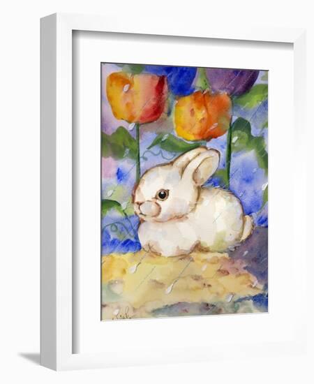 Lonely WHite Bunny Rabbit in the Tulips & Rain-sylvia pimental-Framed Art Print