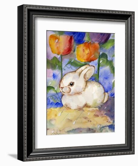 Lonely WHite Bunny Rabbit in the Tulips & Rain-sylvia pimental-Framed Art Print
