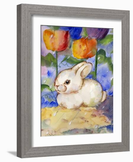 Lonely WHite Bunny Rabbit in the Tulips & Rain-sylvia pimental-Framed Art Print