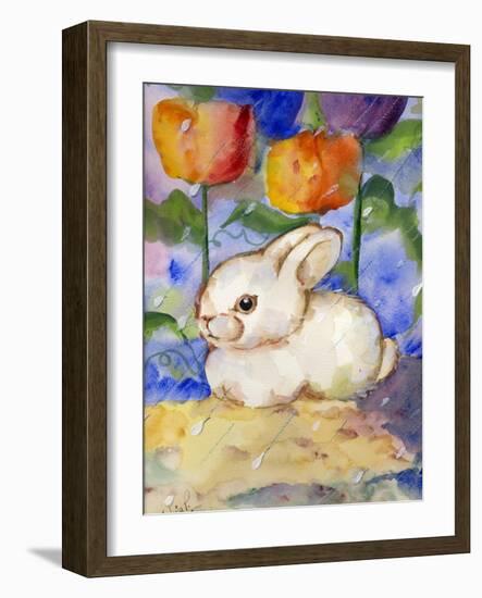 Lonely WHite Bunny Rabbit in the Tulips & Rain-sylvia pimental-Framed Art Print